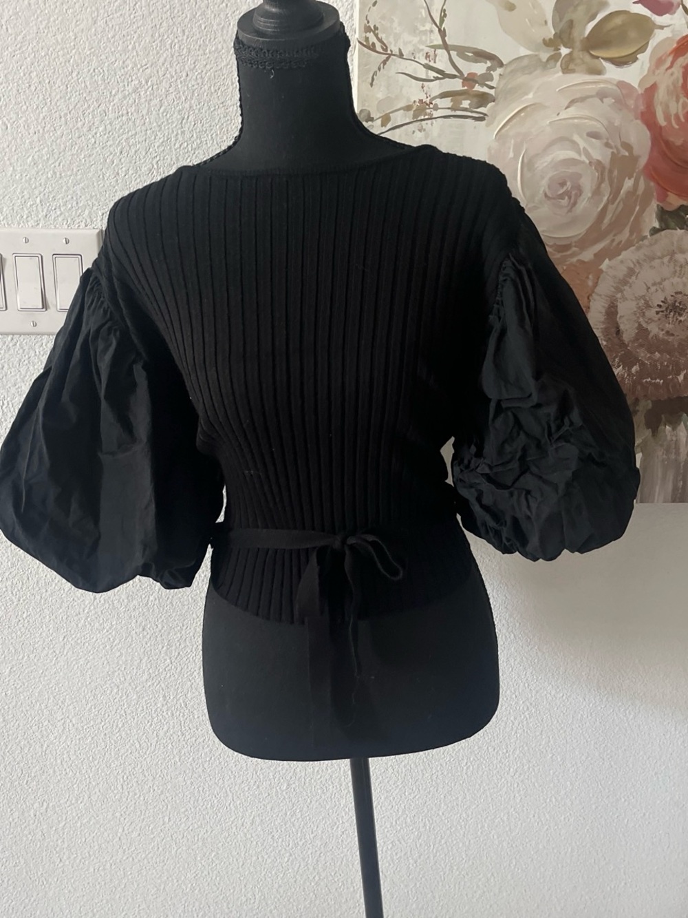 Arula Black Puff-Sleeve Ribbed Tie-Waist Women's Top